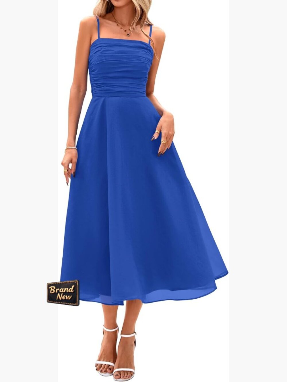 Smocked Midi Dress Spaghetti Strap Sleeveless Square Neck Flowy Casual Summer
